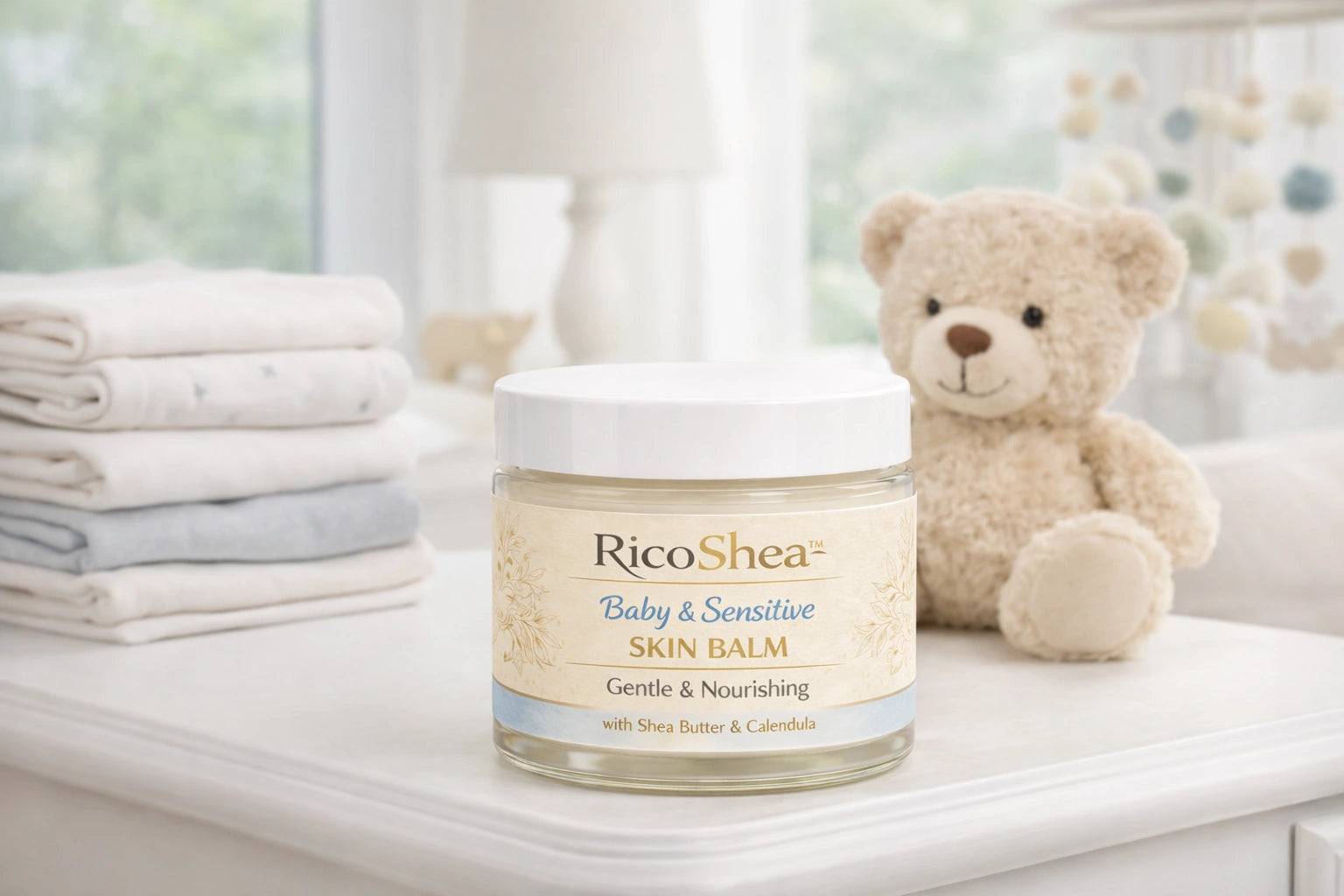 RicoShea baby and sensitive skin balm jar on a surface with a teddy bear and folded towels in the background.
