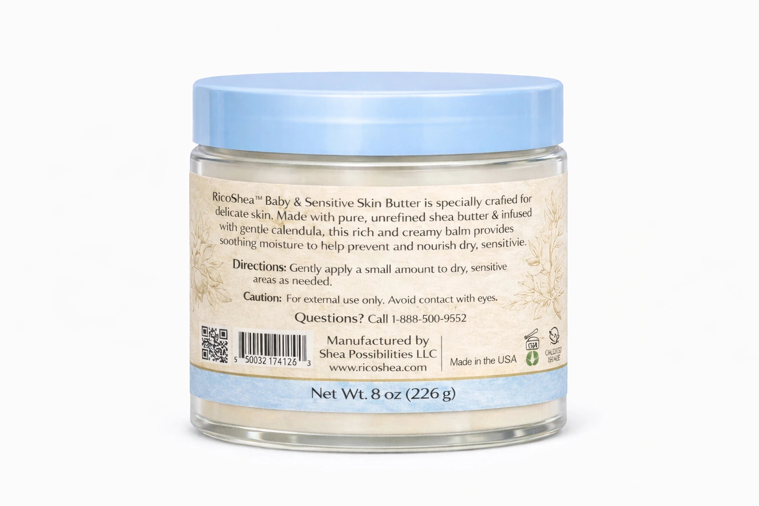 Jar of baby and sensitive skin butter with blue lid on a white background