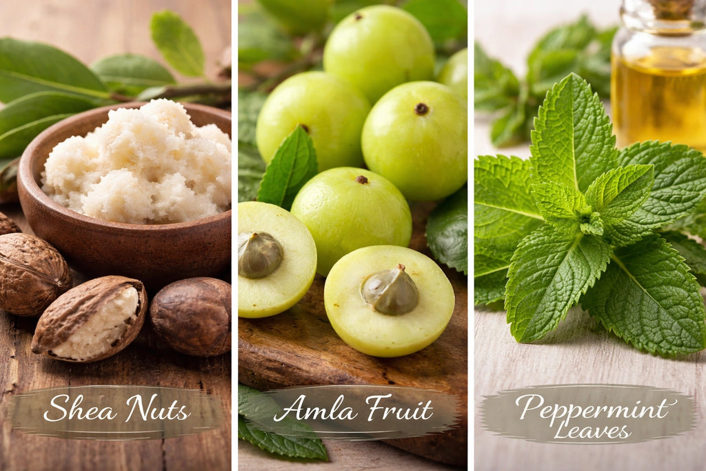 Three images of shea nuts, amla fruit, and peppermint leaves on a wooden surface.