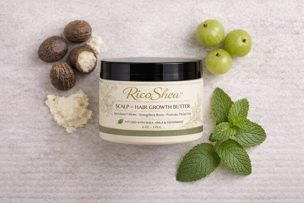 RicoShea Scalp & Hair Growth Butter flat lay with natural ingredients on a textured surface