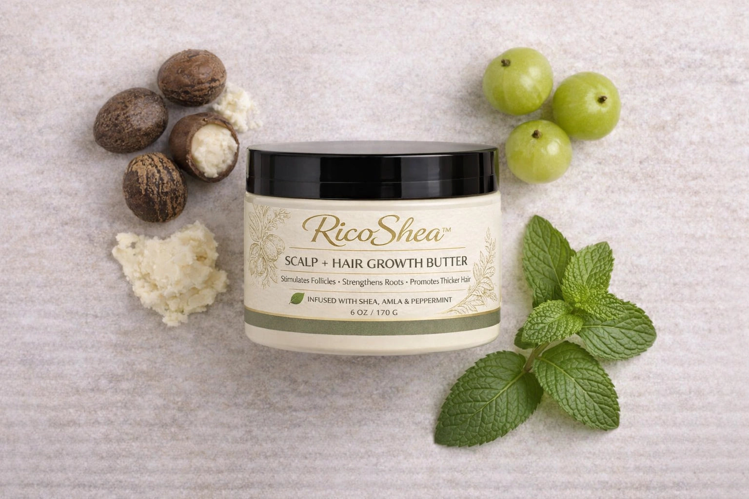 RicoShea Scalp & Hair Growth Butter flat lay with natural ingredients on a textured surface