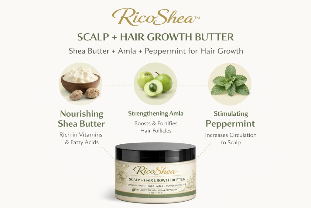 RicoShea scalp and hair growth butter with ingredients listed on a white background