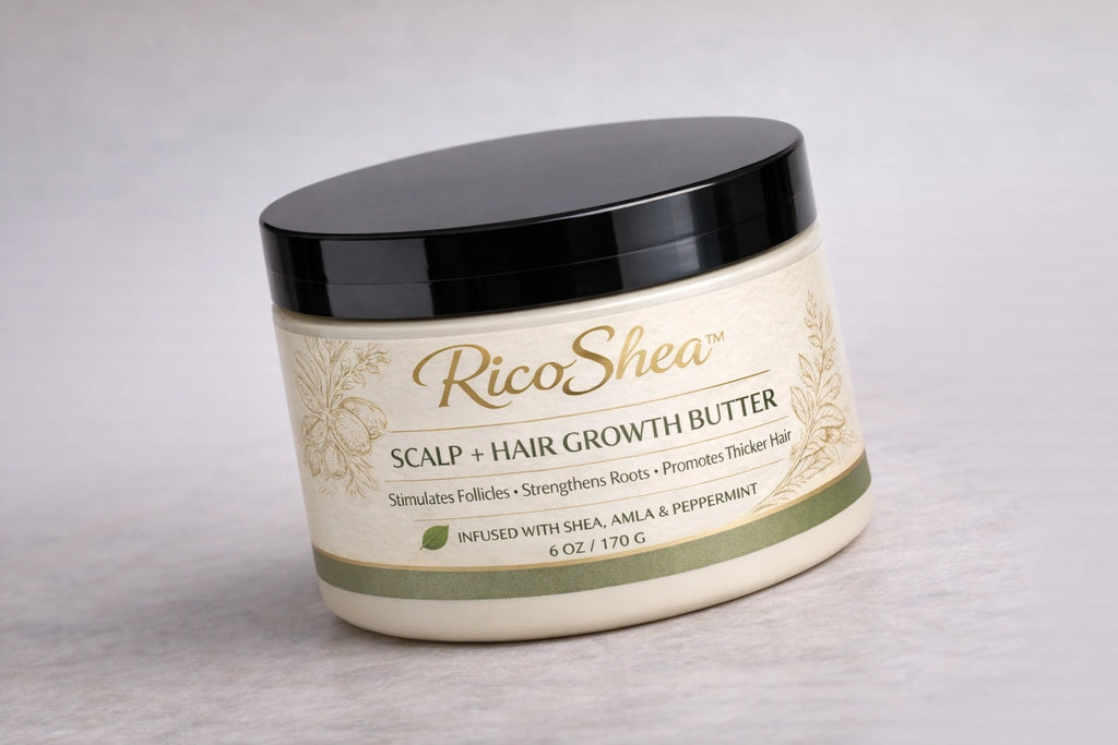 RicoShea scalp and hair growth butter jar on a light gray background