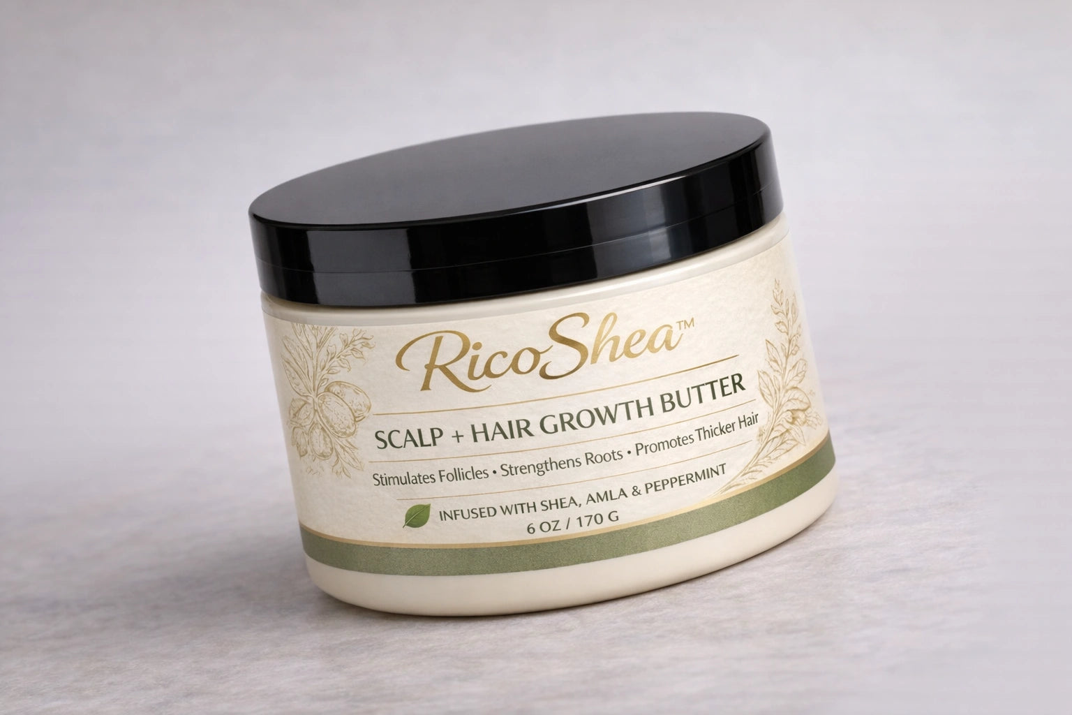 RicoShea scalp and hair growth butter jar on a light gray background