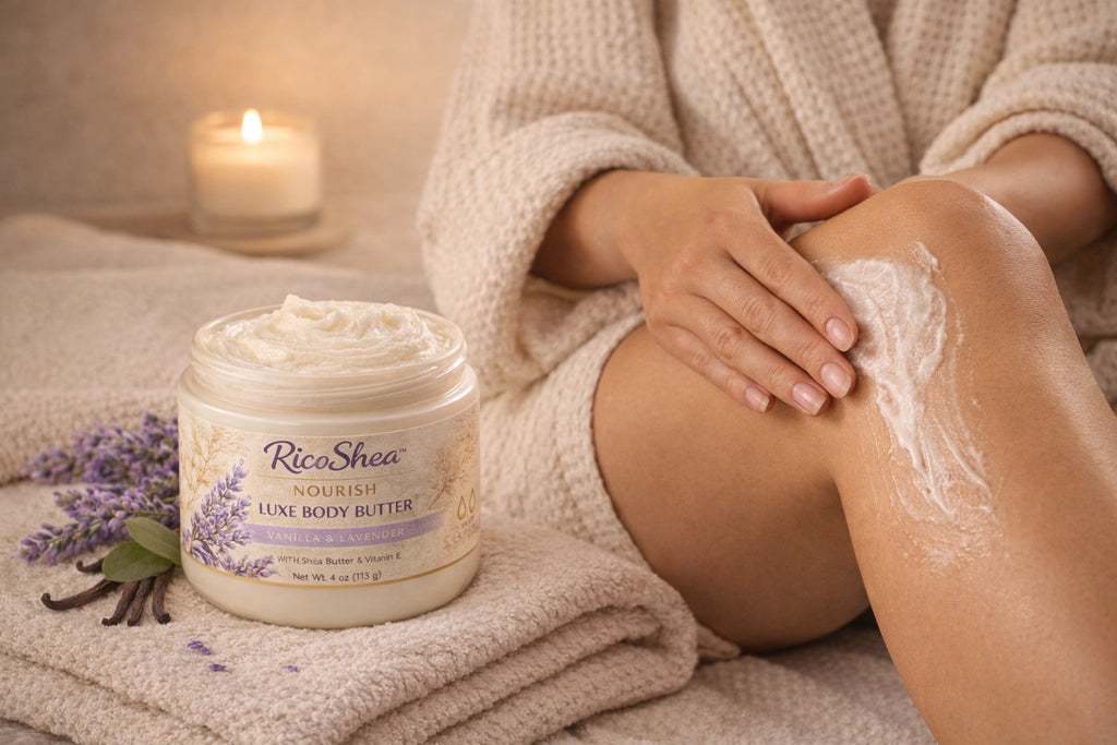 Person applying RicaShea Luxe Body Butter to their leg with a candle and lavender flowers in the background.