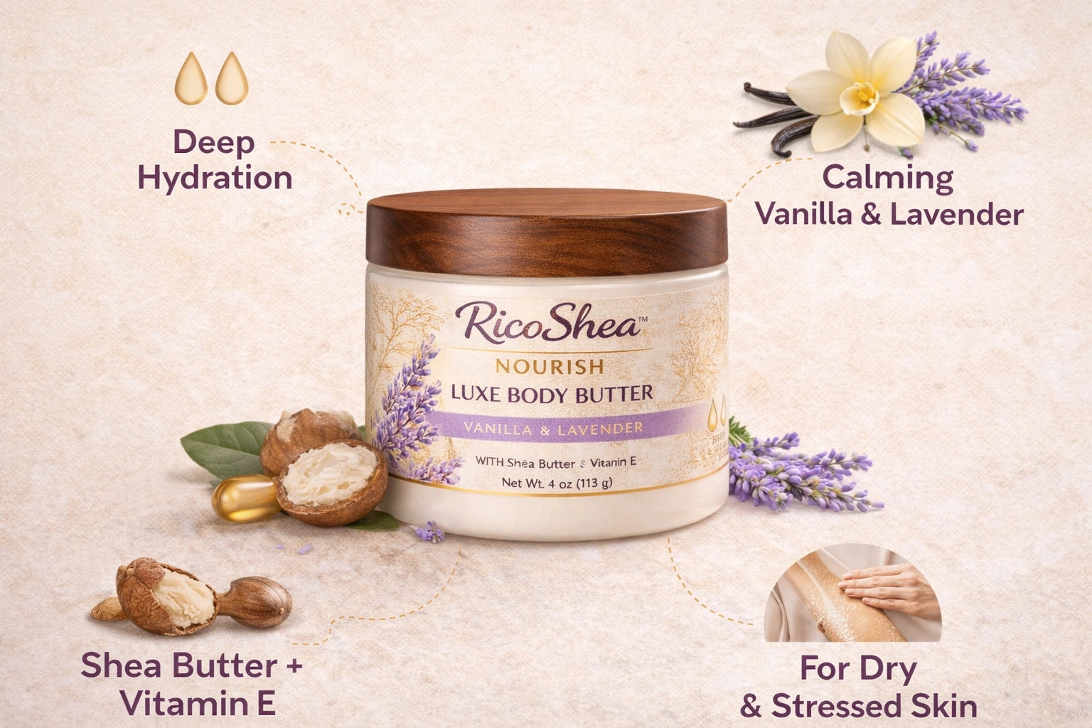 RicoShea Nourish Luxe Body Butter jar with lavender and vanilla elements on a beige background