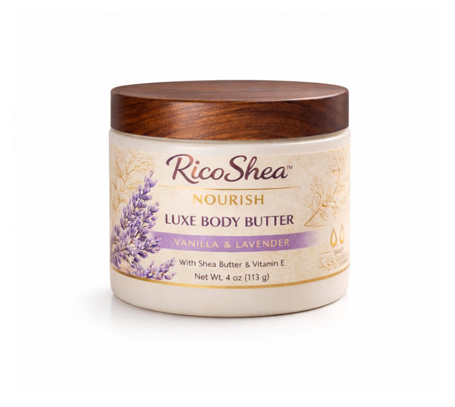 RicoShea Luxe Body Butter jar with lavender flavor on a white background