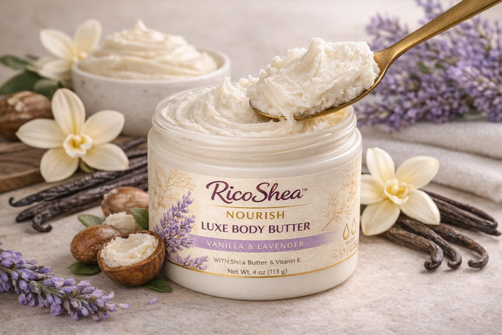 RicoShea Luxe Body Butter with vanilla and lavender on a wooden surface with flowers and nuts.