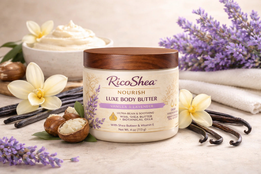 RicoShea Luxe Body Butter jar with vanilla beans, flowers, and lavender on a light background