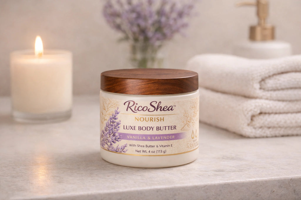 RicoShea Luxe Body Butter jar with lavender label on a bathroom counter with a candle and towels in the background.