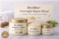 RicoShea skincare products including jars and a box on a light background