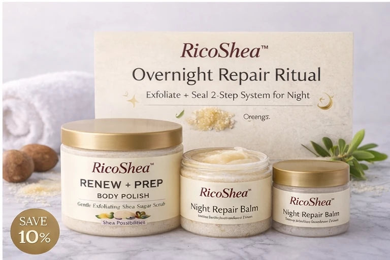 RicoShea skincare products including jars and a box on a light background
