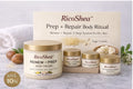 RicoShea skincare products including jars and a box on a light background
