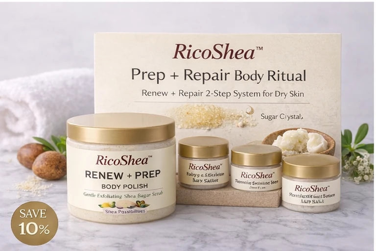 RicoShea skincare products including jars and a box on a light background