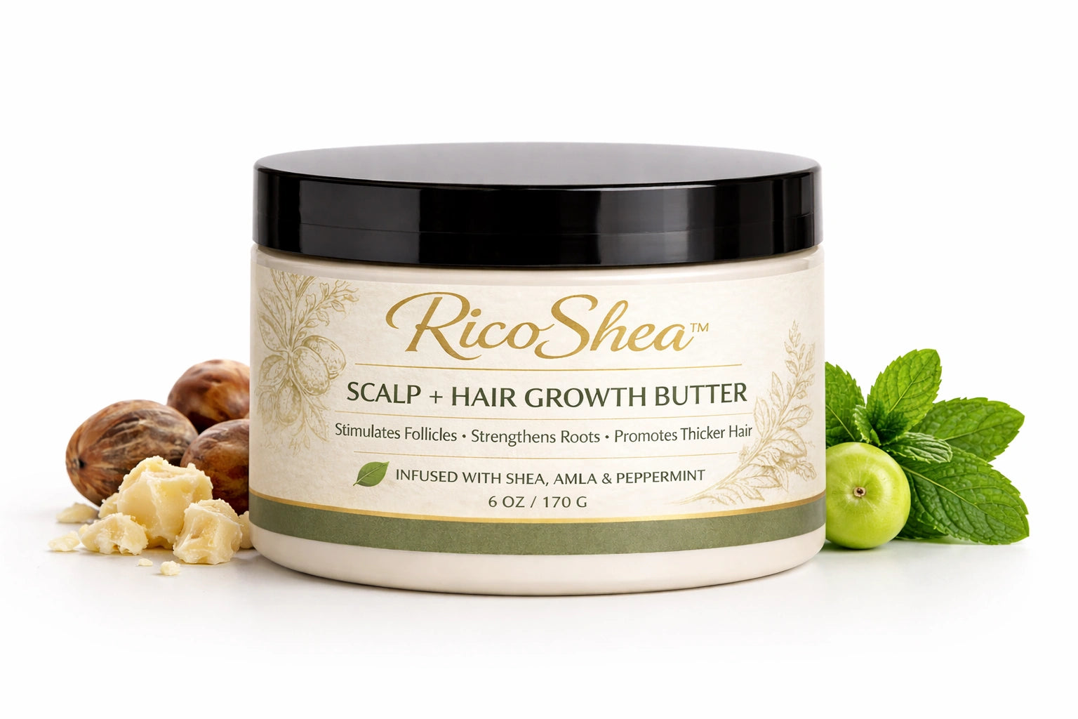 RicoShea scalp and hair growth butter jar with ingredients on a white background